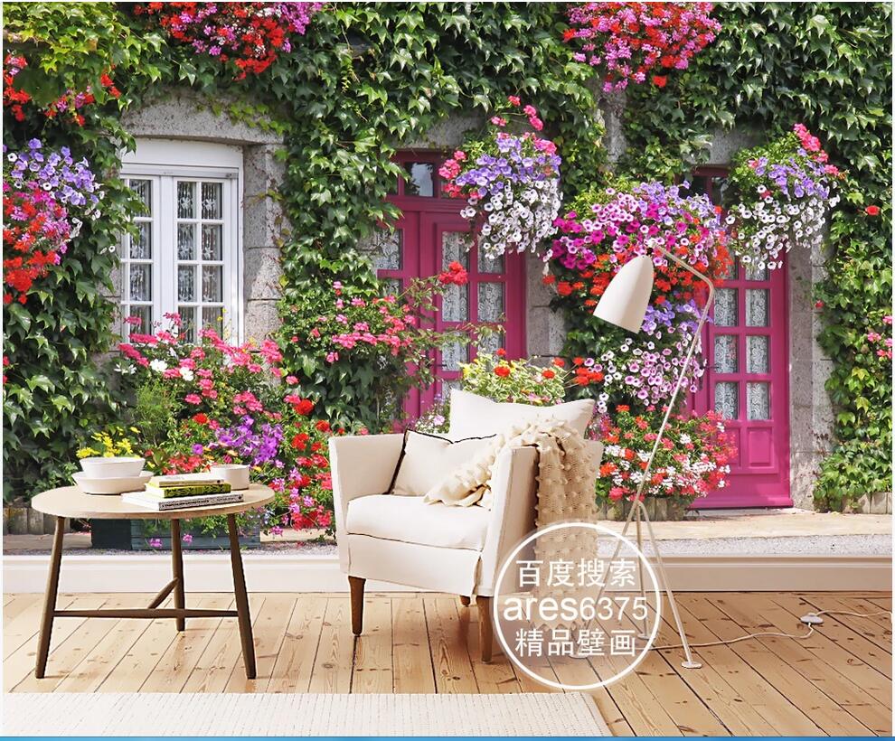 

WDBH 3d wallpaper custom photo 3D European style cottage door and window street flower wall idyllic home decor 3d wall wallpaper for walls, Non-woven wallpaper