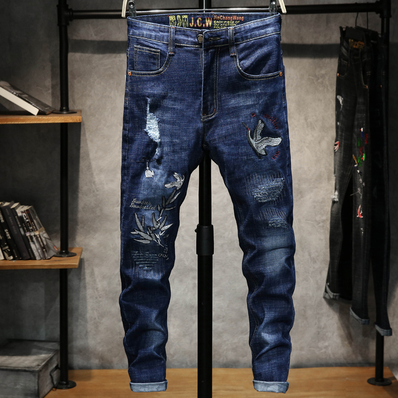 

2020 New Men's Fashion Jeans Casual Elastic Slim Jeans Classic Pants Slim Wild Embroidery Holes Comfortable Denim Pants 28-36, Blue