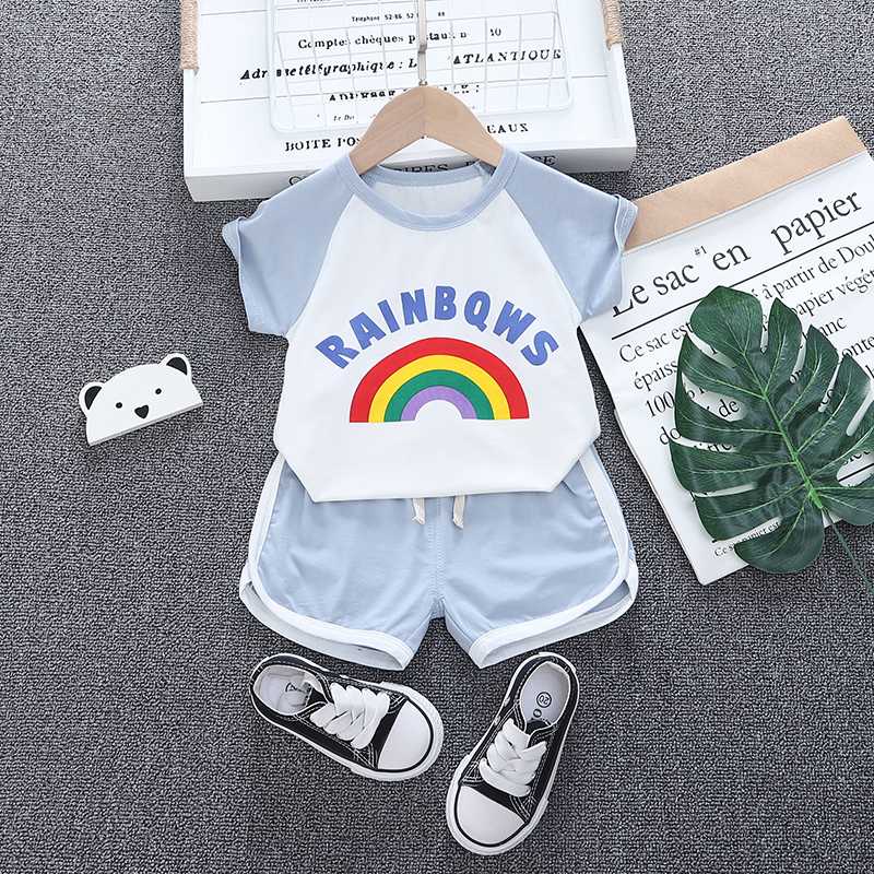 

Fashion Summer Boys Girls Clothes Kids Cotton Rainbow T-Shirt Short 2Pcs/Sets Toddler Clothing Sets Infants Children Tracksuits, Blue