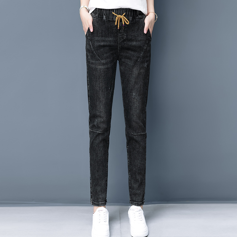 

Women Solid Jeans 2019 New Autumn Winter Fashion Splice Elastic Drawstring High Waist Pockets Plus Velvet Thickening Harem Pants, Black(regular)