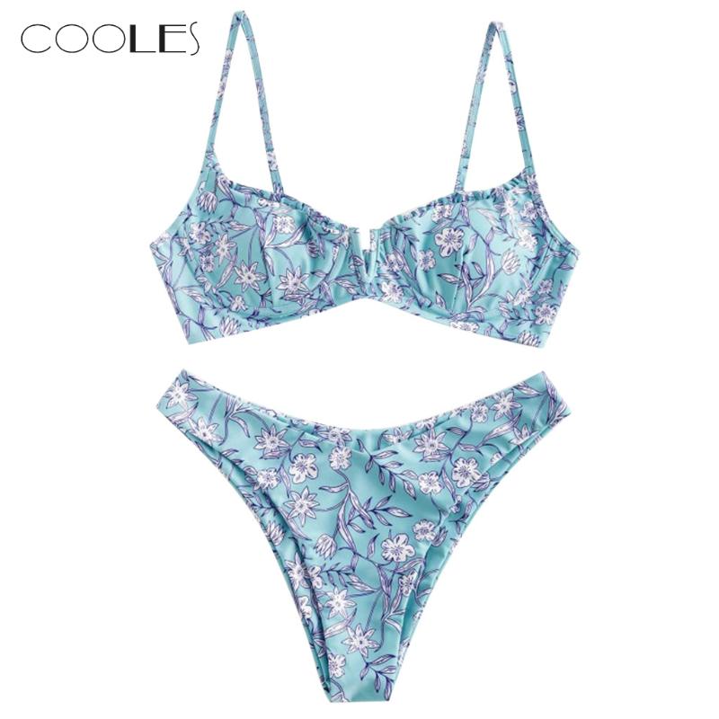 

Adjustable Women Flower Print High Cut V Neck Two Pieces Bikini Swimwear Swimsuit Beachwear Bikinis 2020 Mujer Maillot De Bain