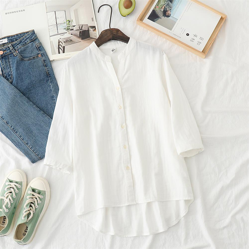 

Summer Women Loose 3/4 Sleeve White Shirts All-matched Casual V-neck Mori Girl Blouse 100% Cotton Loose Blusas Femme S946, Gray