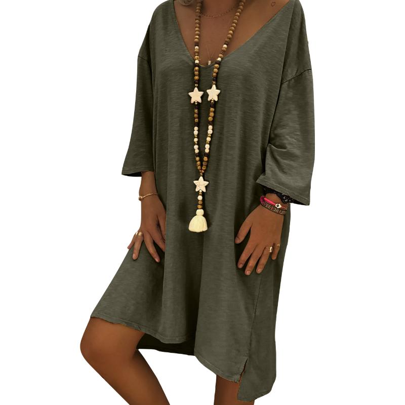 

Fashion Women New Half Sleeve V Neck Solid Dress Female Casual Loose Vintage Dress Sexy Shirt Army Green