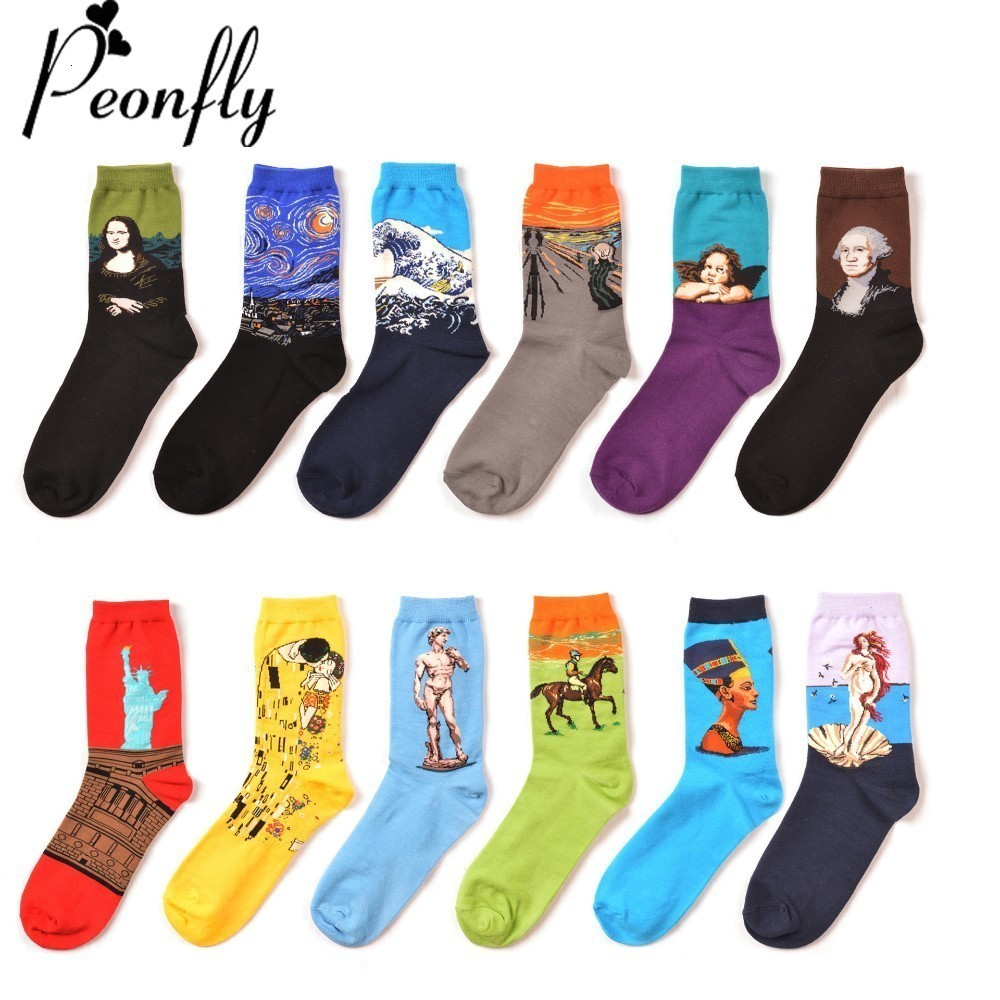 

Men Colorful Cotton Socks Statue Liberty Jesus Funny Socks European Originality Oil Painting Male Socks 2pcs=1pairs, Muulti