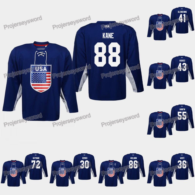 

USA Patrick Kane 2019 IIHF World Championship Jersey James van Riemsdyk Thatcher Demko Cory Schneider Frank Vatrano Brady Skjei Noah Hanifin, 43 quinn hughes