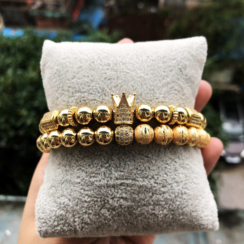 

2pcs/set Men Bracelets Crown Paved white CZ ball Charm copper bead Macrame handmade & Bangles for Gift Valentine's Day Holiday Christmas
