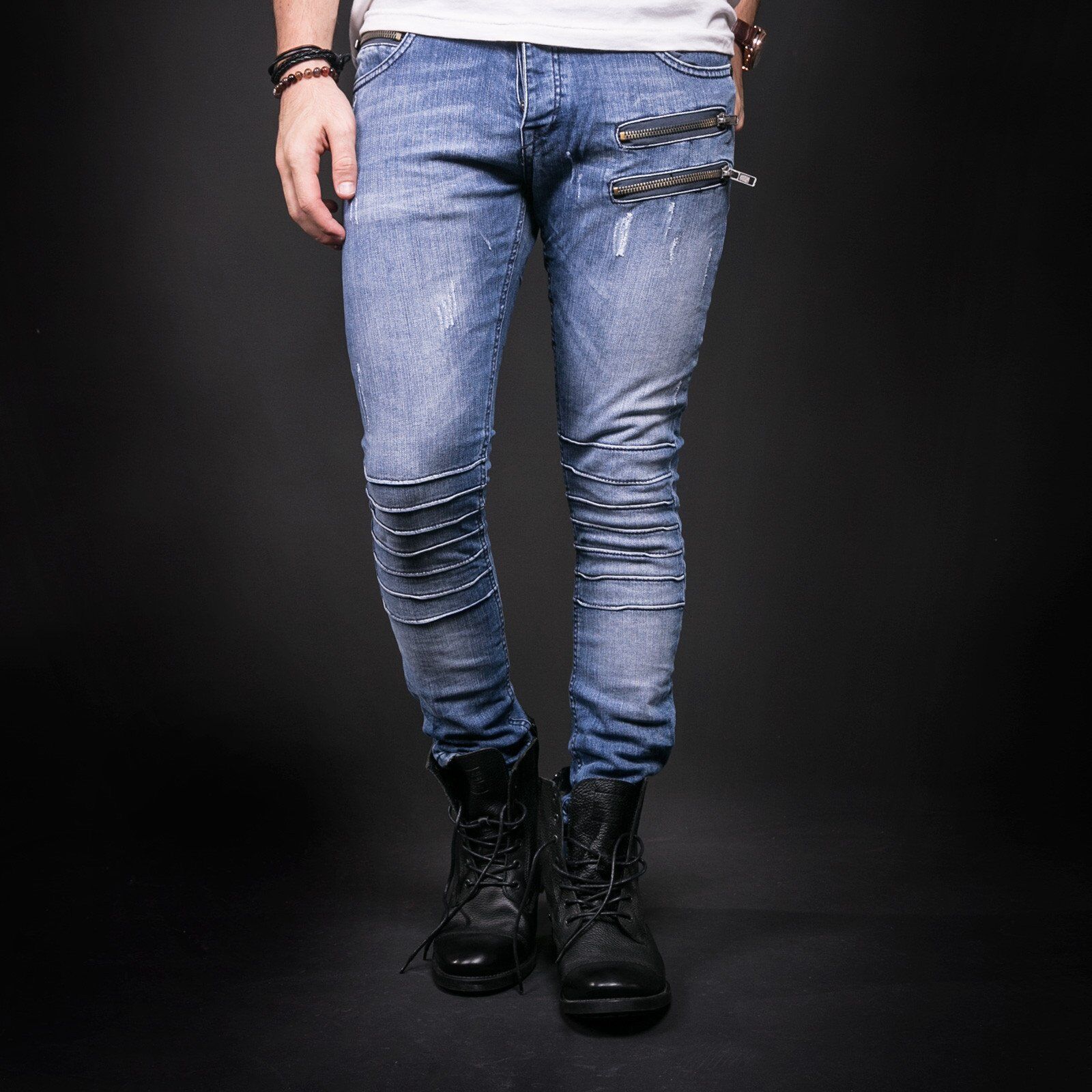 

Men's Jeans Biker Skinny Stretch Zipper Denim Pants Fashion Designer Hip Hop Good Quality, Blue