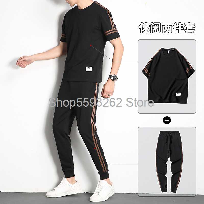 

Casual suit men's 2020 men's slim round neck short sleeve T-shirt young boys two-piece, Xt072 black