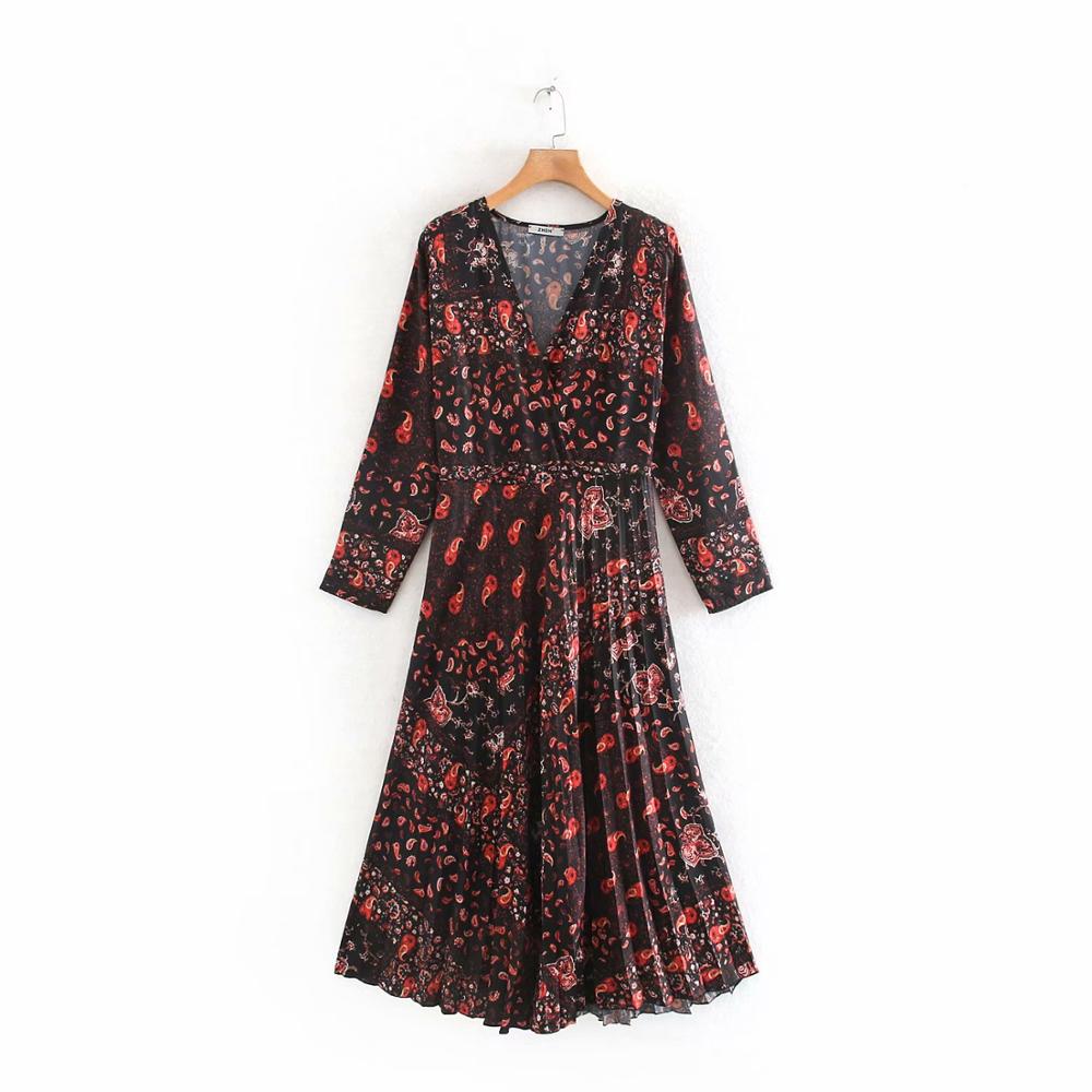 

New women vintage v neck cloth patchwork paisley print pleated midi dress elegant ladies kimono vestido chic party dress DS3080, As pic ds3080ld