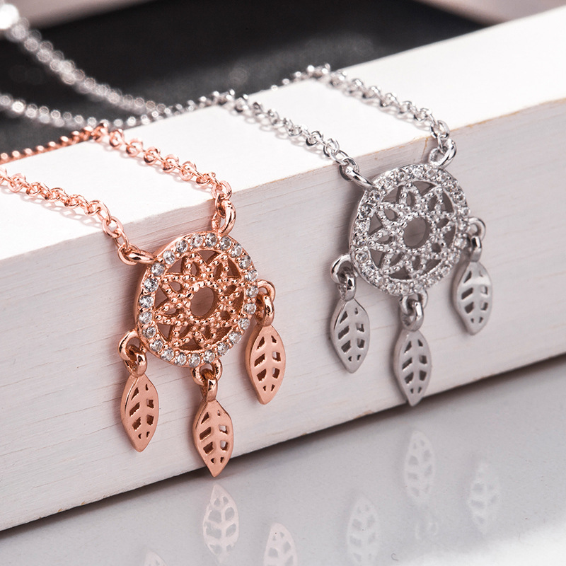 

Designer s925 sterling silver dream catcher necklace temperament girl feather pendant collar chain new
