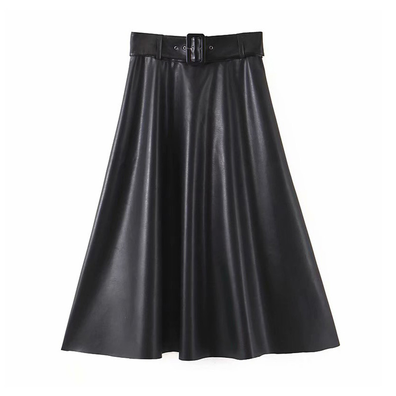 

Women fashion PU leather black midi skirt bow tie belt side zipper A line female basic casual fashion skirts mujer