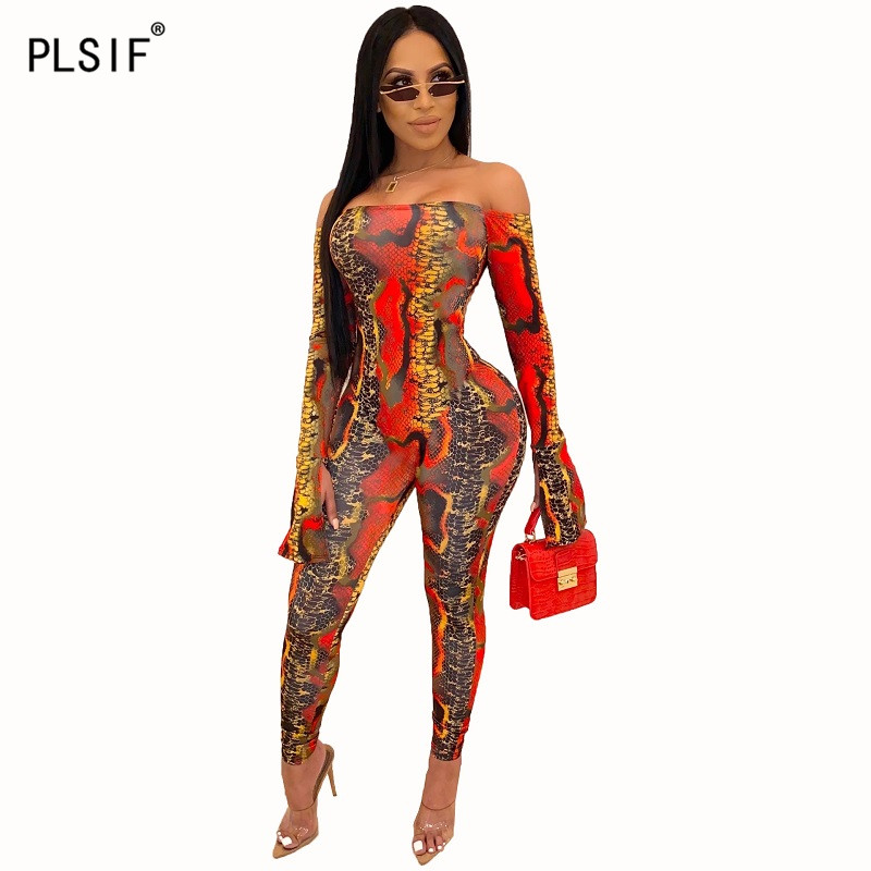

Ladies sexy slash neck skinny jumpsuits sexy snake print overall beach style sports jumpsuits, Black;white