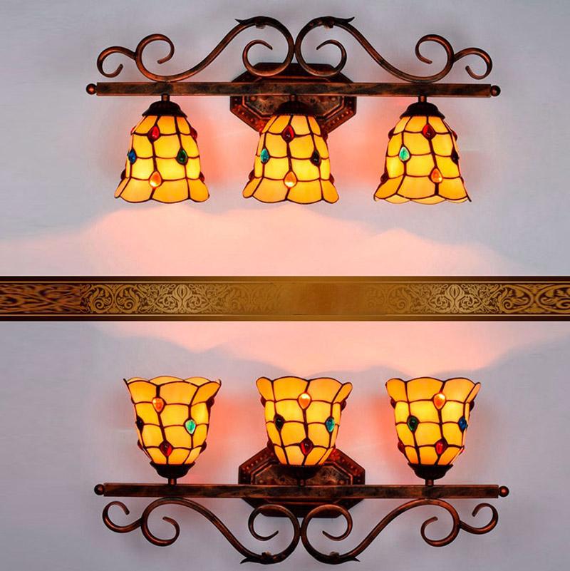 

Three bulb Tiffany wall lamp high quality stained glass craft interior warm light retro bedroom bedside lamps