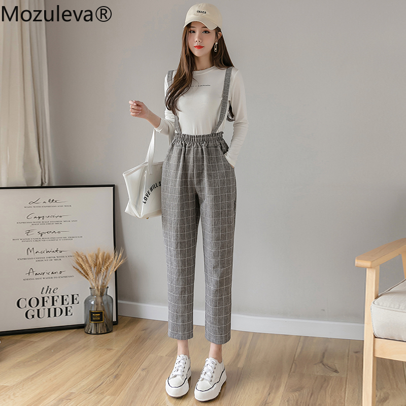 

2020 Spring Summer Women Overalls Harem Pants Vintage Plaid Casual Loose Pants Fashion Female Straight Trousers, Black