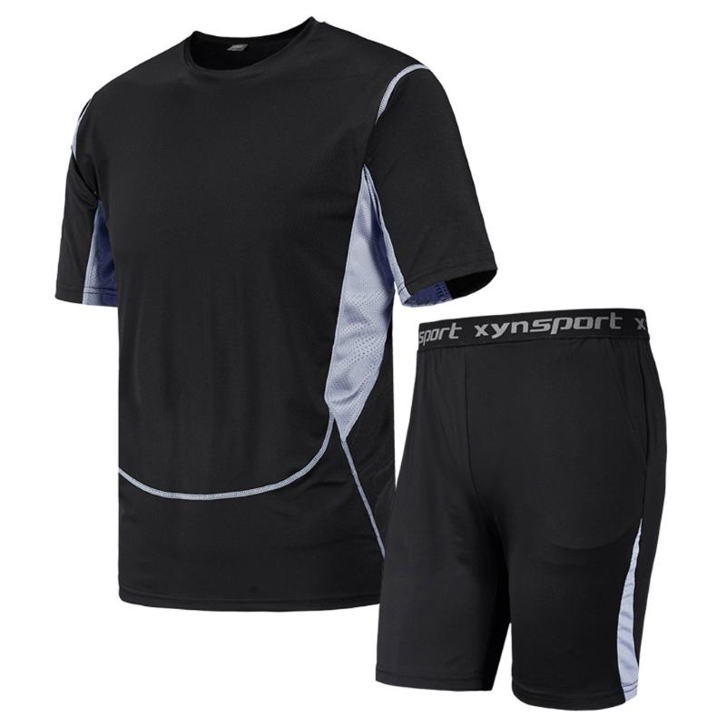 

Men summer track suit gym clothing set Fitness Fast Drying Elastic Short Sleeve T Shirt +Shorts Sports Suit, As pic