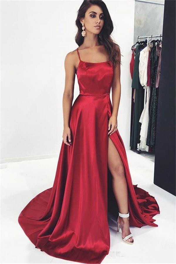 

Simple Elegant Dark Red Sexy Spaghetti Prom Dresses A Line Satin High Split Formal Evening Gowns Cheap Party Dresses Wear Z20, Same as picture
