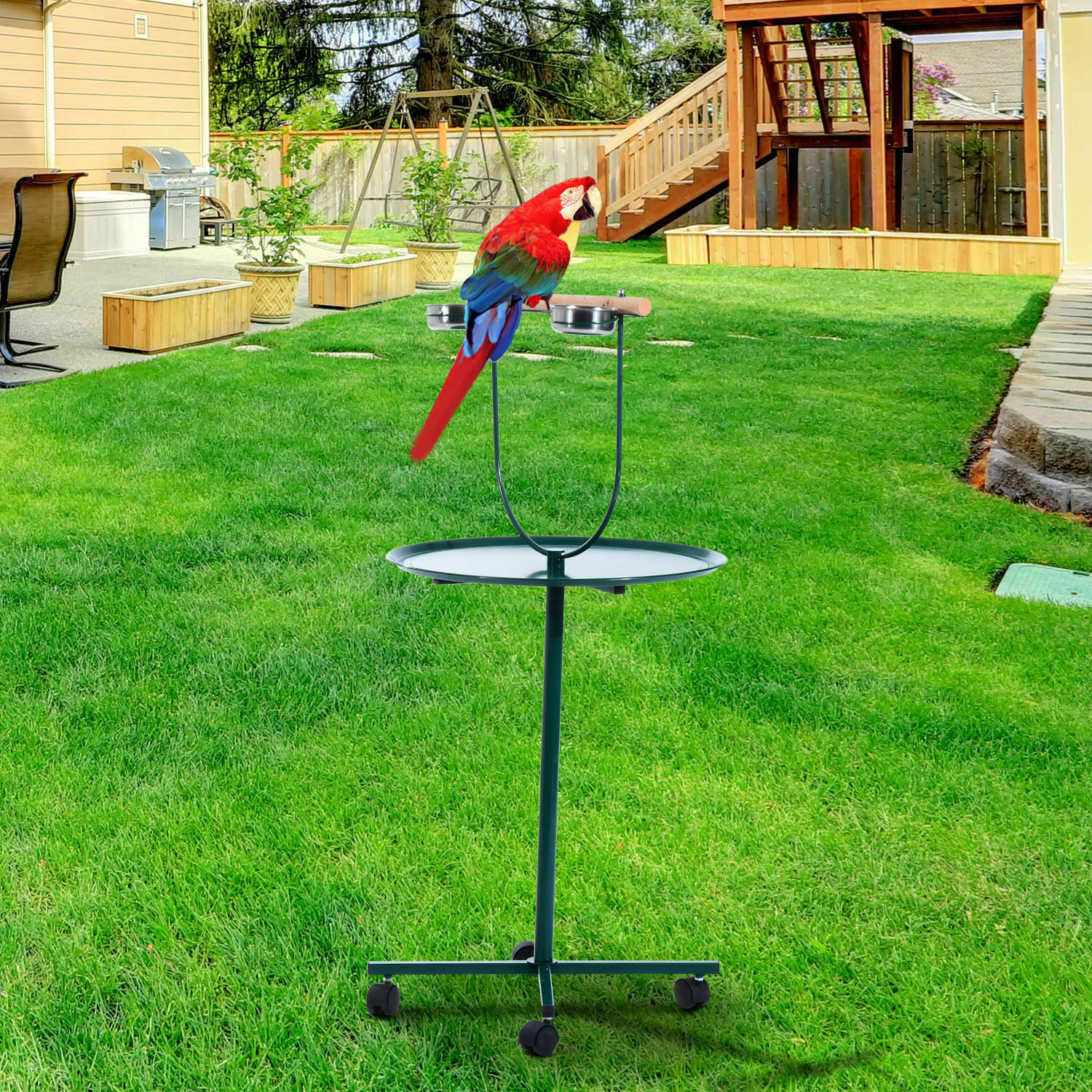 

49" Bird Parrot Play Stand Cockatoo Gym Perch Metal Pet Feeder w/ Bowls Wheels