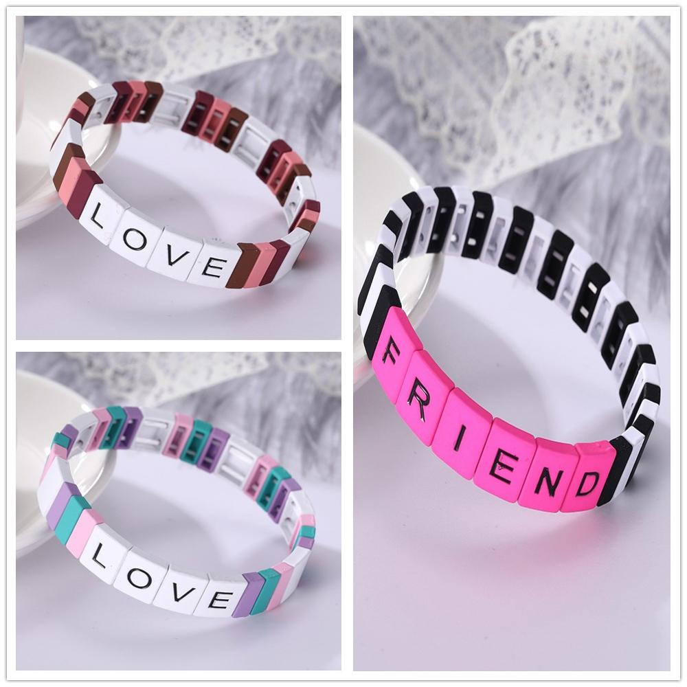 

Lemegeton Letter FRIEND LOVE Bohemia Handmade Enamel Rainbow Tile Bracelet Painted Metal Armband