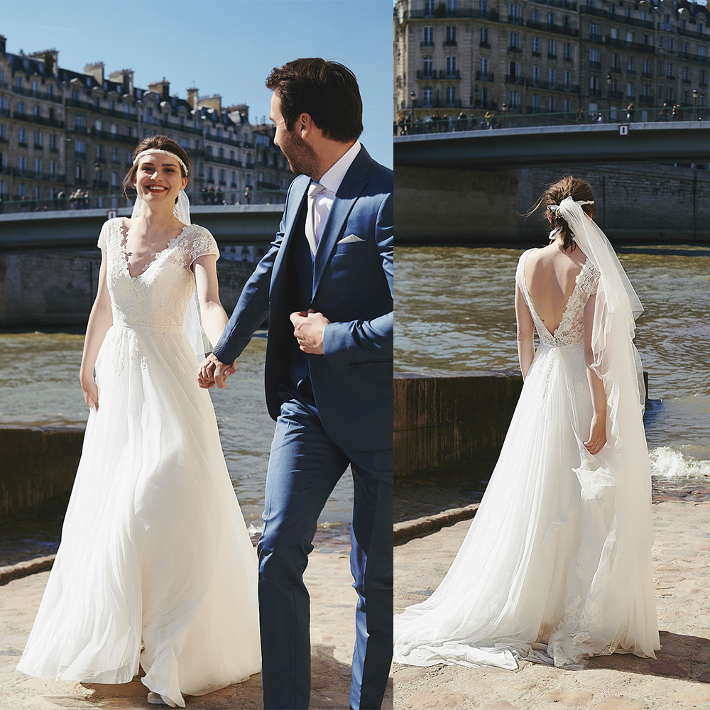 

2020 Beach Wedding Dresses Boho A Line Appliqued V Neck Short Sleeves Robes De Mariée Country Bridal Gowns Bohemian Wedding Dress, Gold