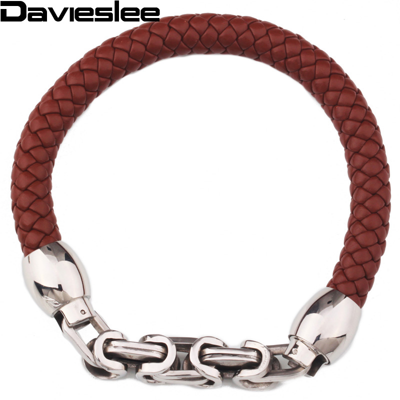 

Beaded, Strands 9mm Braided Rope Man Made Leather Bracelet Brown Black W Stainless Steel Byzantine Link About 8.66inch LLBM27
