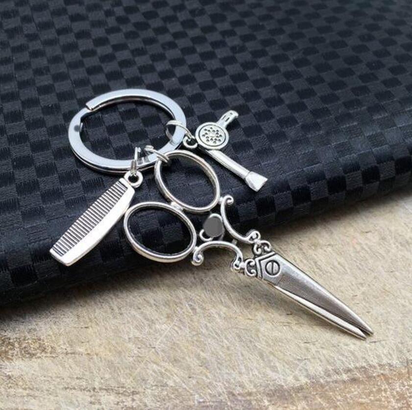 

Hair stylist popular scissors comb hair dryer haircut washing blow Keychain-Tibetan silver charm pendant key chain ring DIY Fit Keychain 426