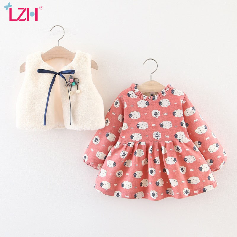 

LZH 2020 New Autumn Winter Cute Bow Long Sleeve Princess Dress Set Baby Girl Dress Plus Velvet Warm Vest+Dress 2pcs Kid Clothes, Creamy-white