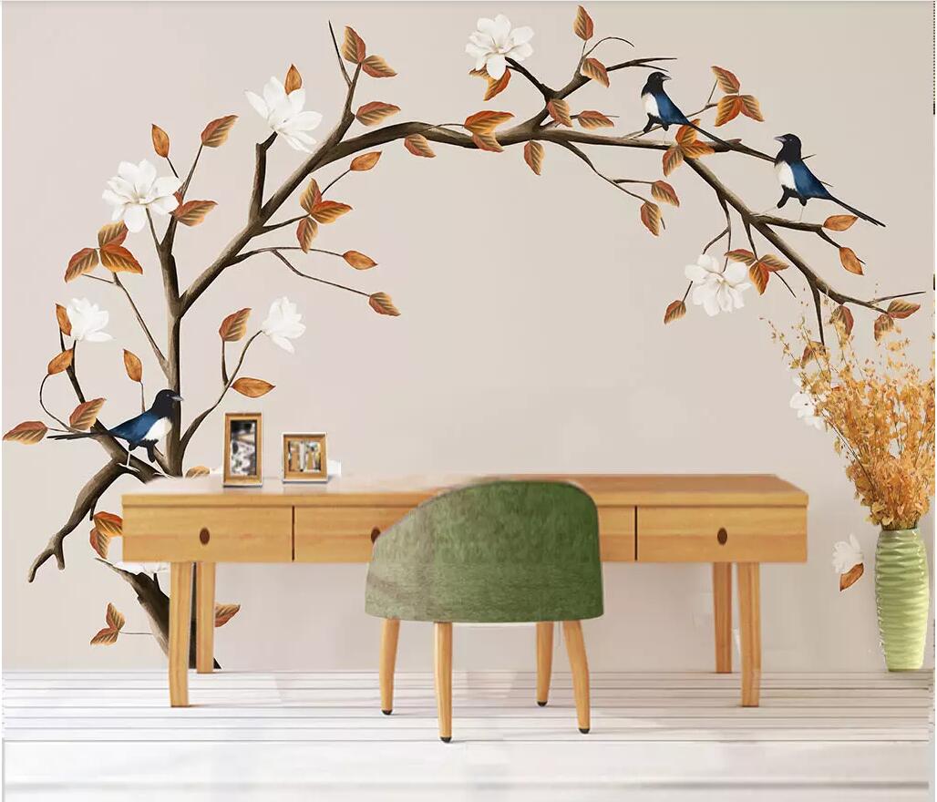 

3d wallpaper custom photo Hand-painted American pen, autumn tree, flower and bird illustration wallpaper for walls 3 d, Sky blue