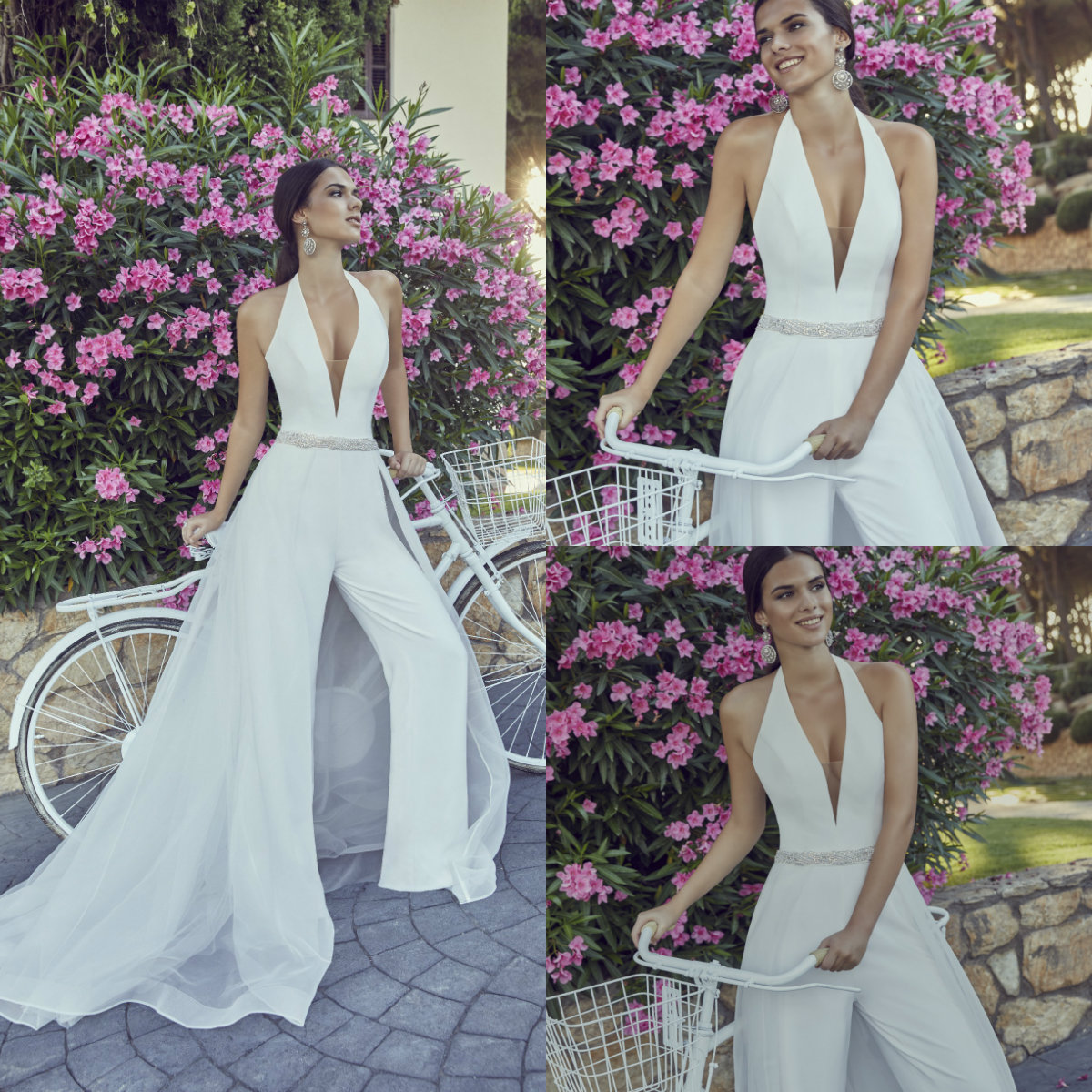 

2019 Satin Wedding Jumpsuits With Detachable Train Deep V Neck Sash Beads Ankle Length Bridal Dress Custom Made Beach Garden Wedding Gowns, Custom made from color chart