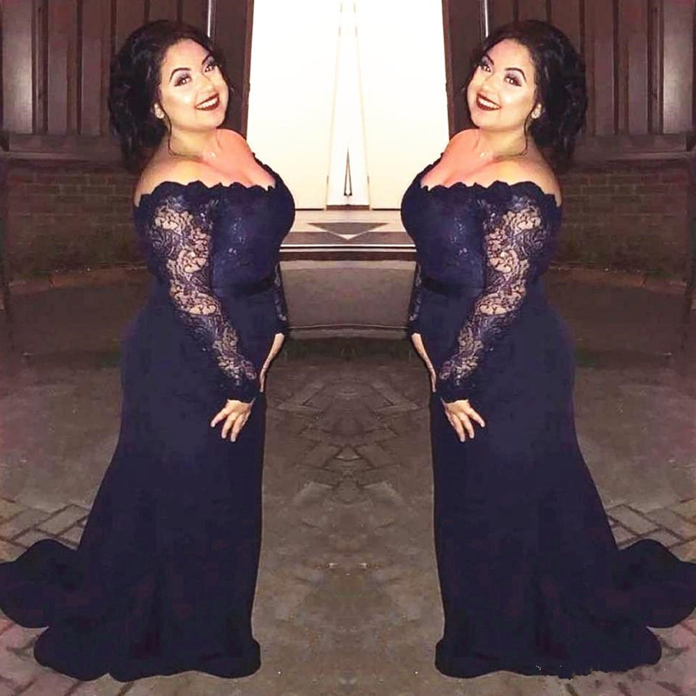 Plus Size Sirène Robes de soirée à manches longues en mousseline de soie dentelle Encolure parole longueur femmes robe de bal Fomal Party Robes
