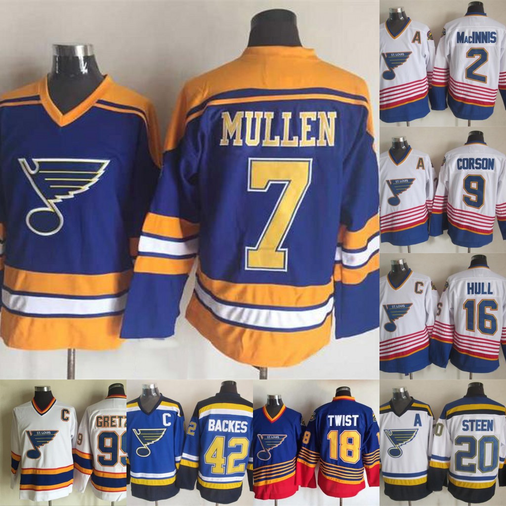

Vintage St.Louis Blues 20 Alexander Steen 2 Al Macinnis 7 Joe Mullen 16 Brett Hull 9 Shayne Corson 99 Wayne Gretzky Hockey Jerseys, 9 white
