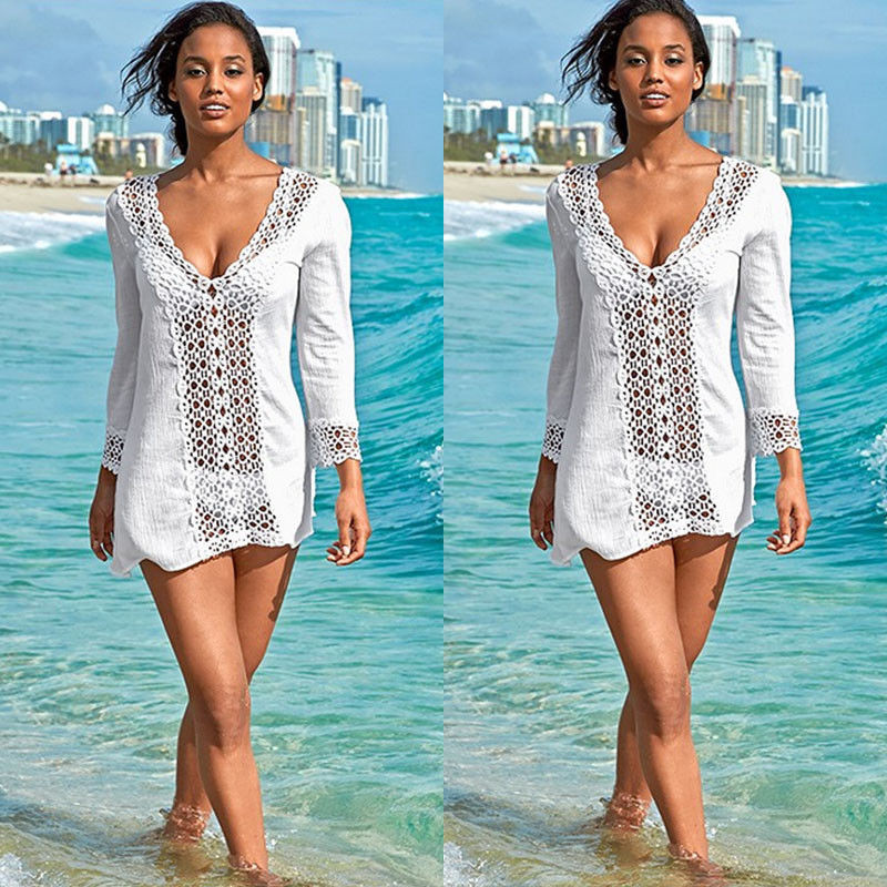 

Women Summer V-Neck Lace Crochet Hollow Bikini Cover Up Swimwear Bathing Suit Beach Dress Tops Beachwear