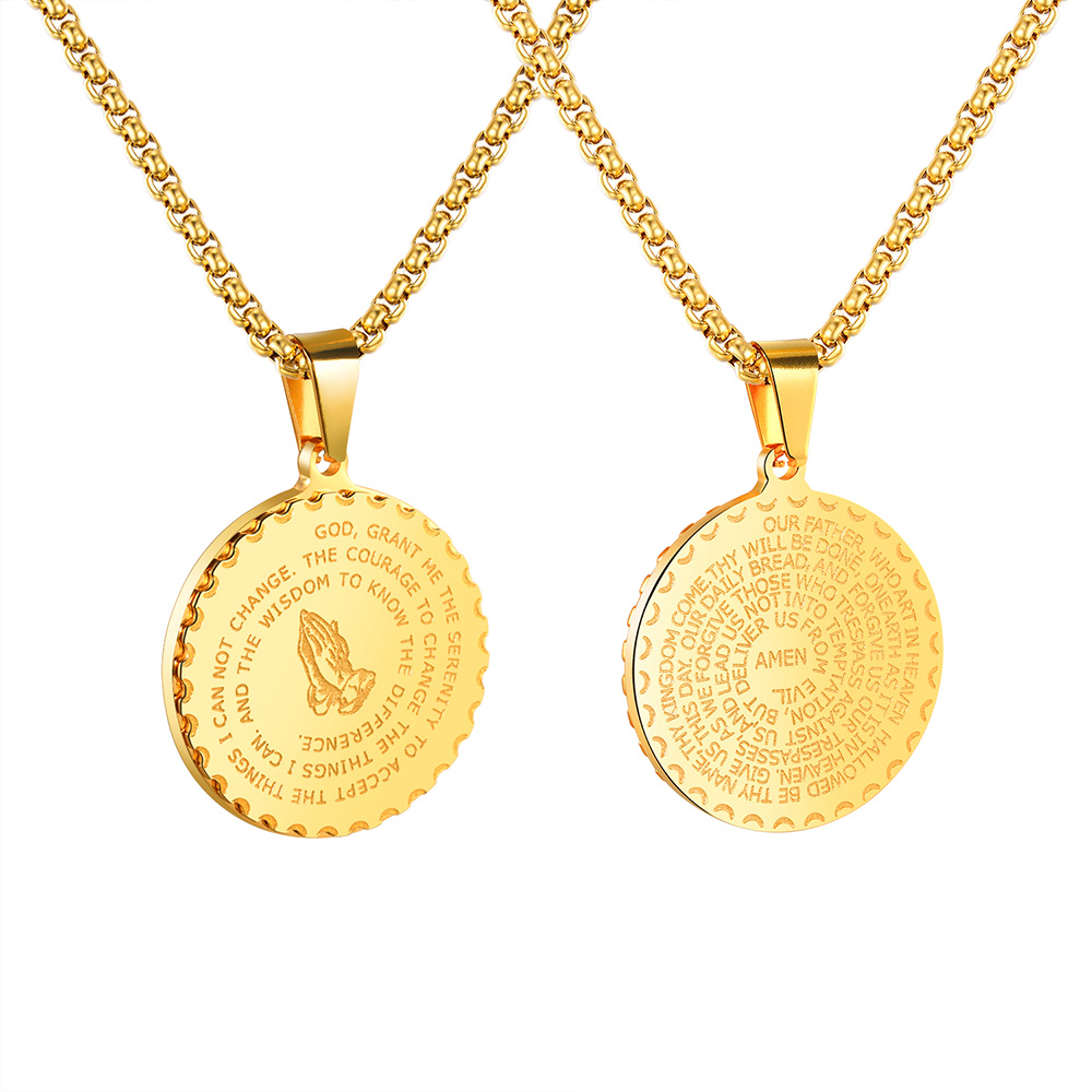 

Men Jewelry Praying Hands And Bible Verse Pendant Necklace With Wheat Chain For Men 316L Stainless Steel 18K Gold Plated