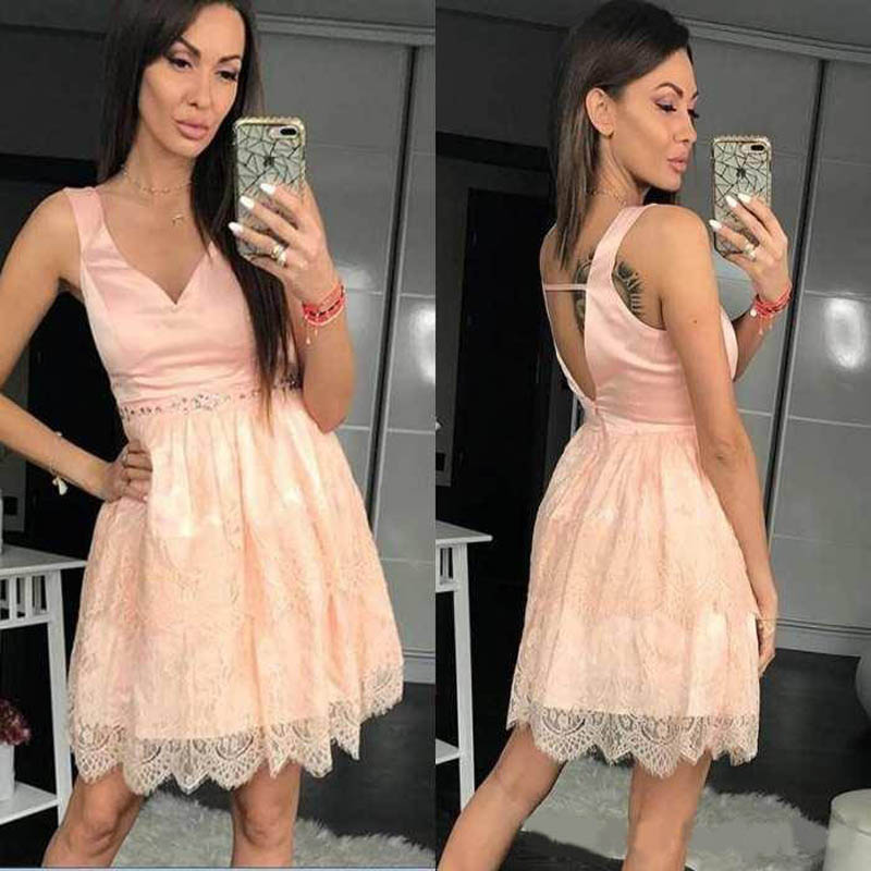 

Cheap Charming Pink Satin Lace Short Graduation Dresses V-Neck Sleeveless Beaded 2020 Homecoming Dresses Custom Made Short Prom Gowns, Ivory