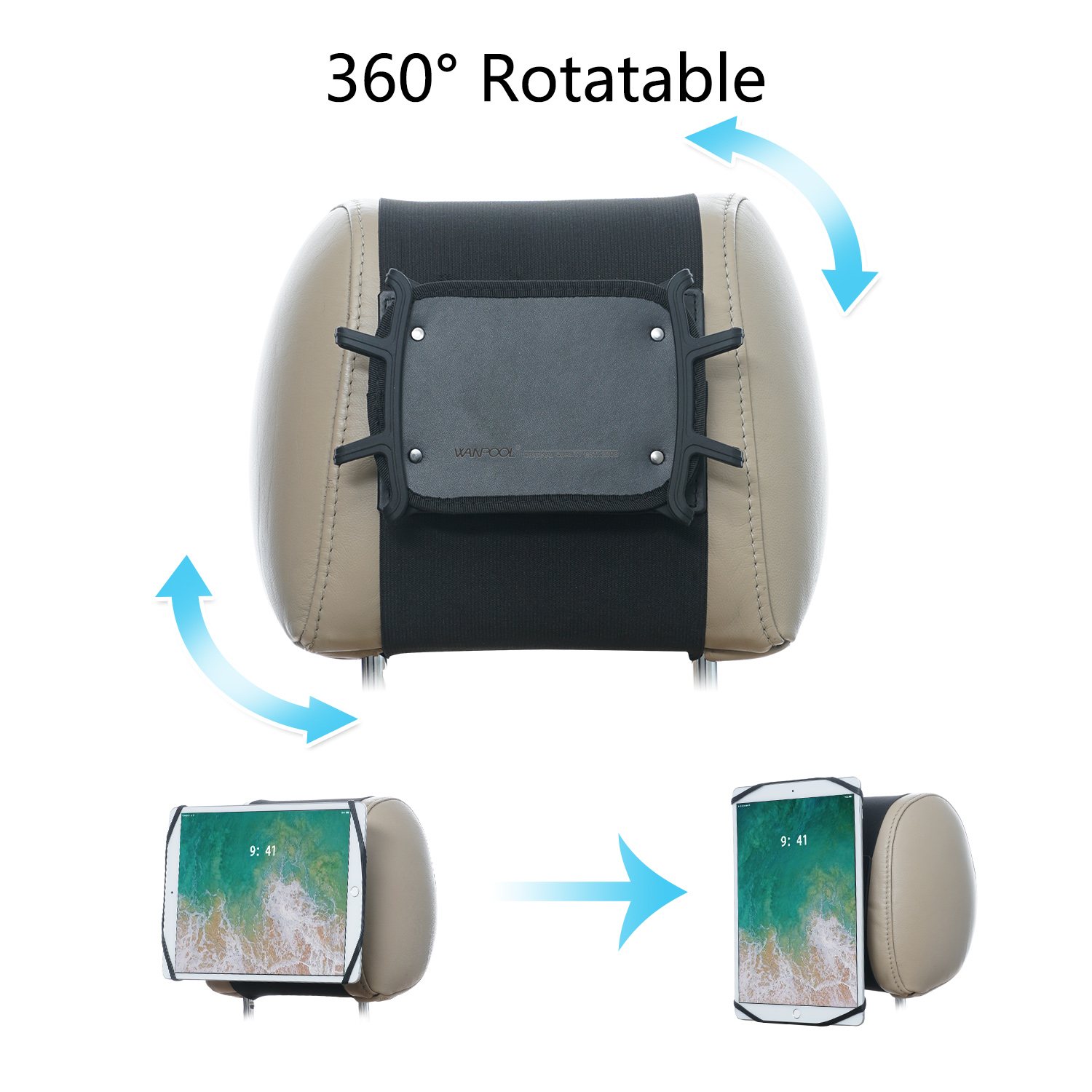 

WANPOOL Universal Swivel Car Headrest Mount Silicon Holder for iPad Pro 10.5"/ Mini / and other 7 -10.5 Inch Tablets - Black