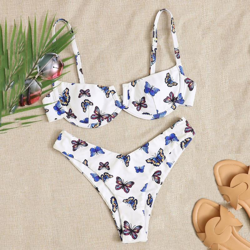 

Two Piece Bikini Beach Swimsuit Women Butterfly Print High Waist Two Pieces Bikini Swimwear Swimsuit Beachwear, White