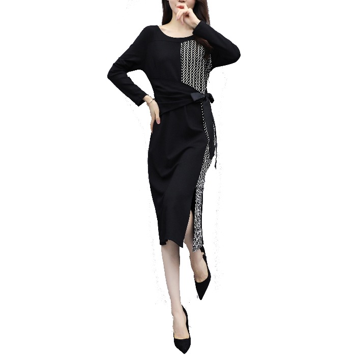 

2020 new large size women's loose long-sleeved dress stitching design is thin stylish in the long temperament dress A649, Black