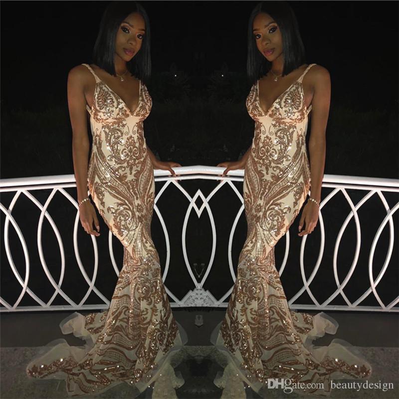 

Sparkly Gold Mermaid Prom Dresses 2019 Luxury Lace Sequins Appliques Sleeveless Formal Party Dresses Sweep Train Plus Size African Gowns, Green