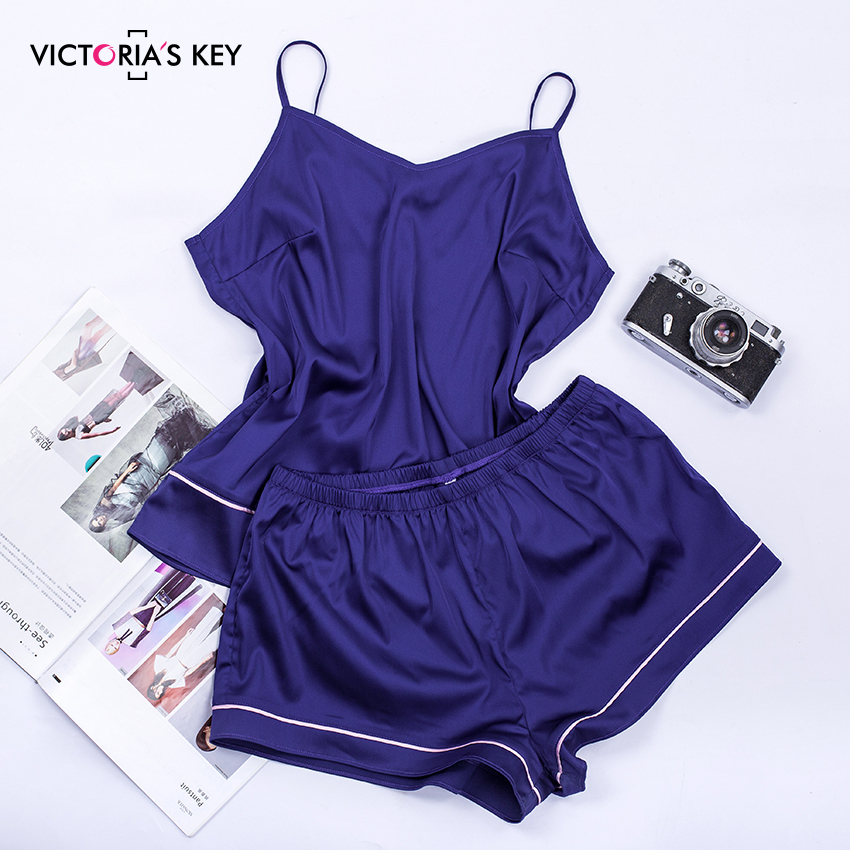 

VICTORIA' KEY Sleepwear Women Pajama Set Sexy Navy Cami Top Satin Shorts Contrast Stripe Side Female Summer Home Night Suit, Blue
