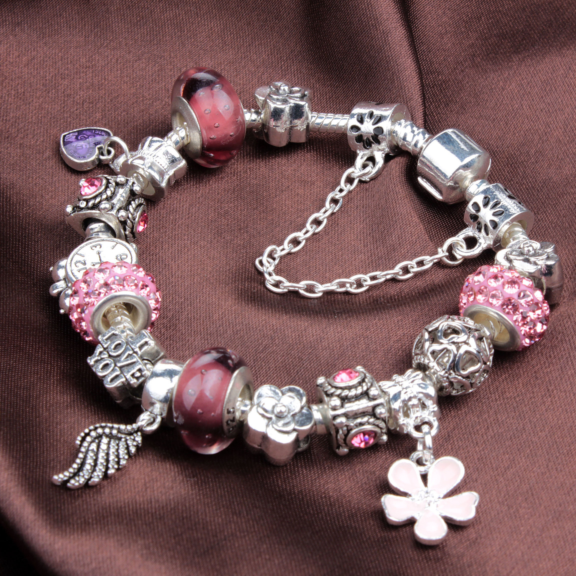 

Wholesale- pink Charm Bead Bracelets CZ Crystal Charms Dangle For Women Original DIY Jewelry Style Fit Pandora with