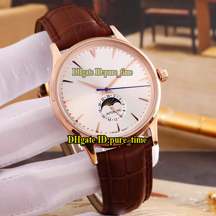 

New Master Ultra Thin 1362520 White Dial Moon Phase Automatic Silver Steel Case Mens Watch Rose Gold Case Leather Strap Gents Sport Watches, J-c01c