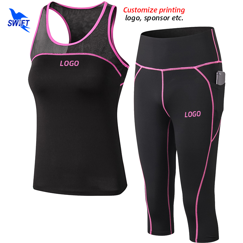 

2020 Summer Breathable GYM Yoga Set Stretch Fitness Sport Suit Tank Tops+Capri Pants 2Pcs Running Tracksuit Customize Clothing, Black rose red
