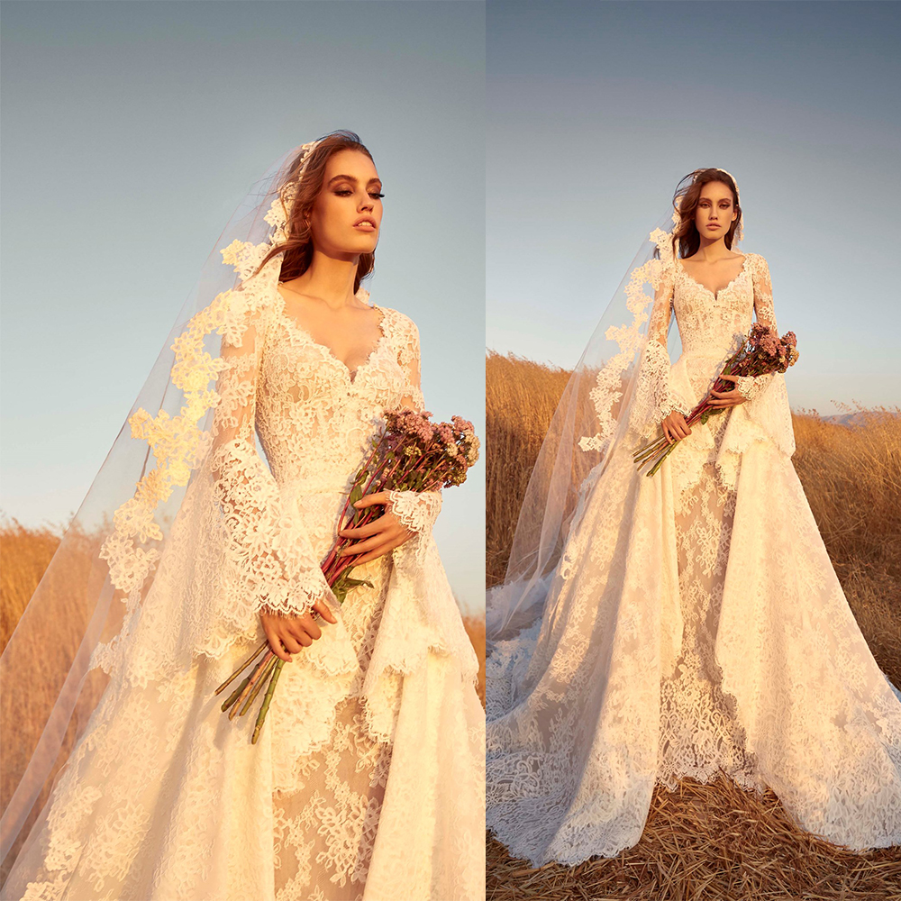 

Sexy Zuhair Murad Mermaid Wedding Dresses With Detachable Train V Neck Long Sleeve Lace Wedding Gown Sweep Train robe de mariée, Fuchsia