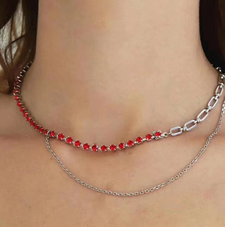 

Justine Clenquet Fashion personality red diamond splicing women's Hip hop Necklace