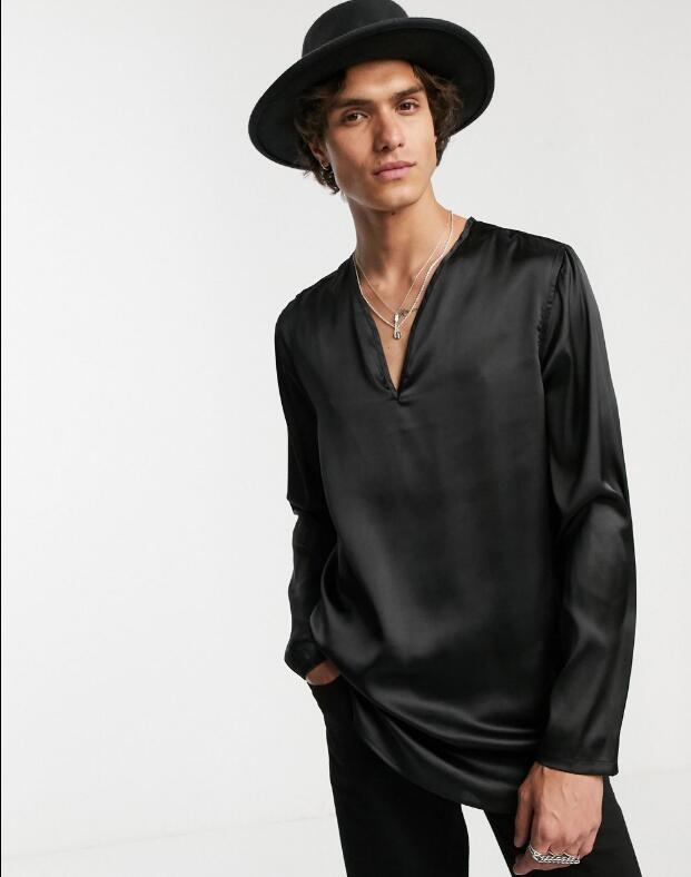 

S- 2020 New men's clothing Hair Stylist GD Fashion V-neck Sexy Satin temperament elegant cool Shirt Coat plus size costumes, Black