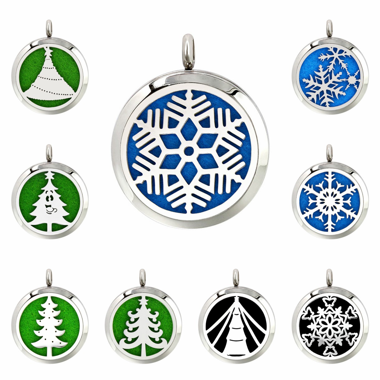 

snowflake christmas tree 30mm 316L stainless steel diffuser necklace pendant essential oil aromatherapy perfume locket 10 Pads (no chain), Silver