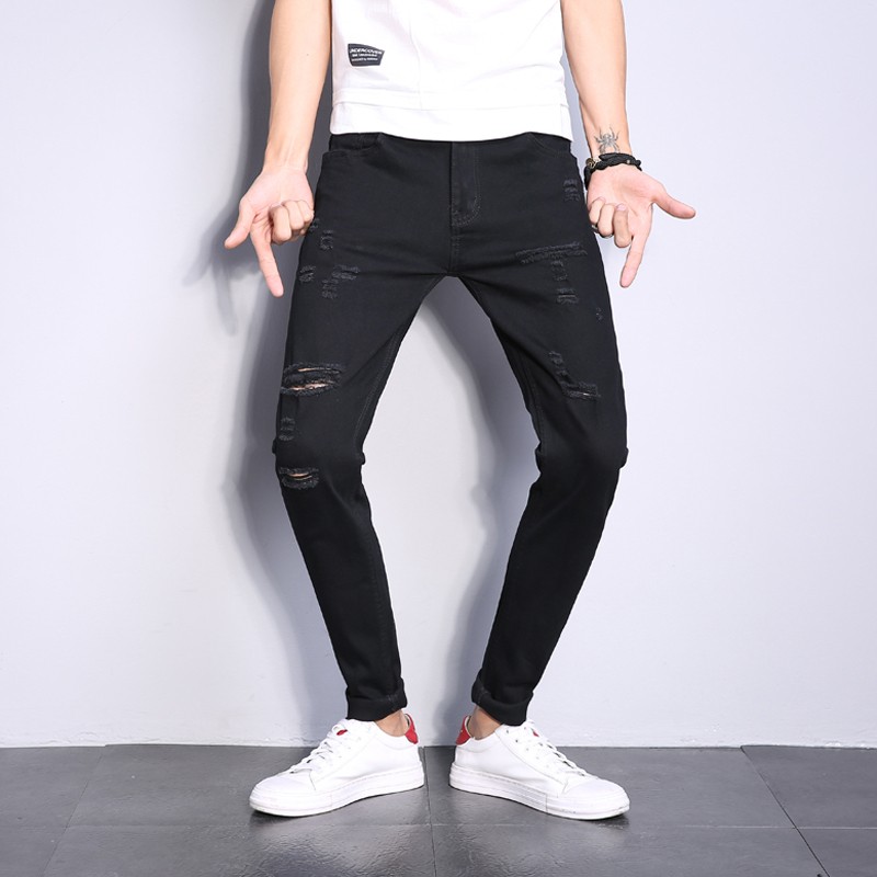

Black Man Holes Jeans Skinny Solid Ripped Stretch Men Leisure StreetWear Trousers Male Personal Casual Quality Denim Pants, Black cn size