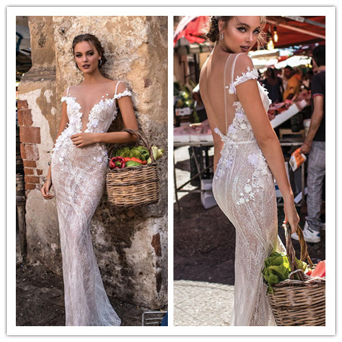 

Berta 2019 Lace Wedding Dresses Backless Sheer Bateau Neck Illusion Bodice Bridal Gowns Floor Length Sexy Beading Mermaid Wedding Dress, White