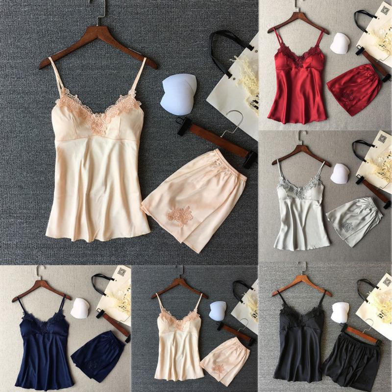 

2Pcs Hirigin Sexy Women' Satin Silk Lingerie Sleepwear Nightwear Lace Print Sling Pyjama Sets