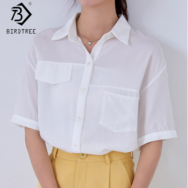 

Women Shirts 2020 Summer Turn-down Collar Short Sleeve Single-breasted Pockets Solid Blouses Korean Style Tops T06434K, Sky blue