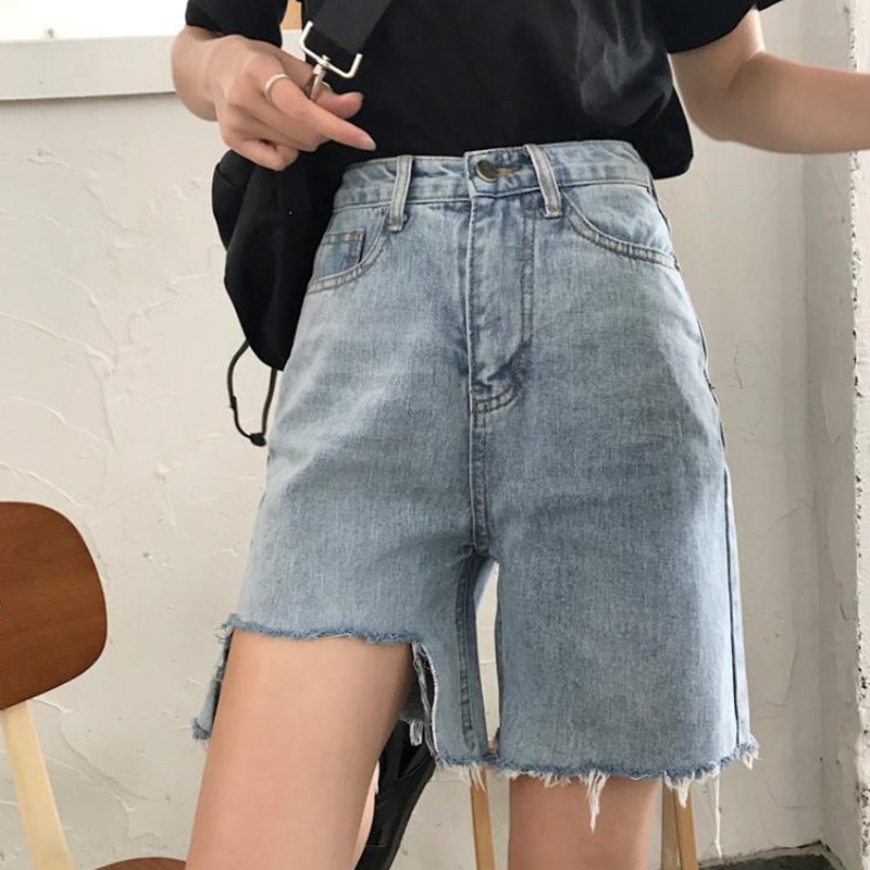 

High Waist Shorts Women Summer Casual Denim Shorts New 2020 Korean Style A-ll Match Short Ripped Jeans Feminino P591, Blue